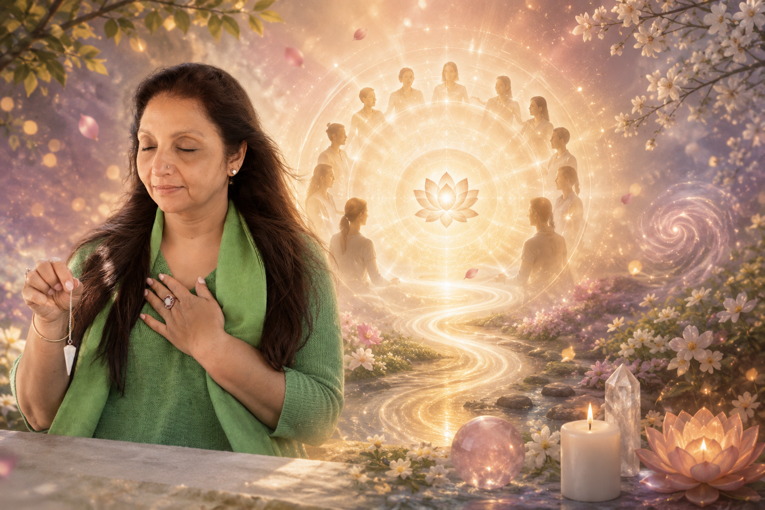 A soft glowing scene symbolising the release of karmic patterns