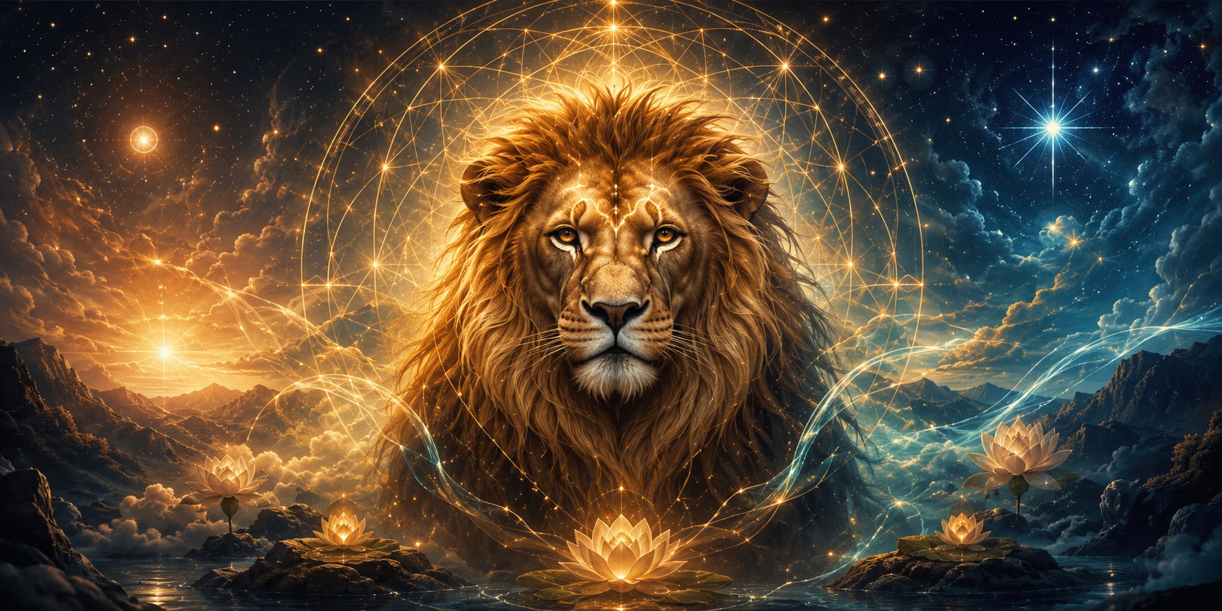 A golden lion crowned in sacred geometry, glowing lotus blossoms at its feet, symbolising the Lion's Gate Portal