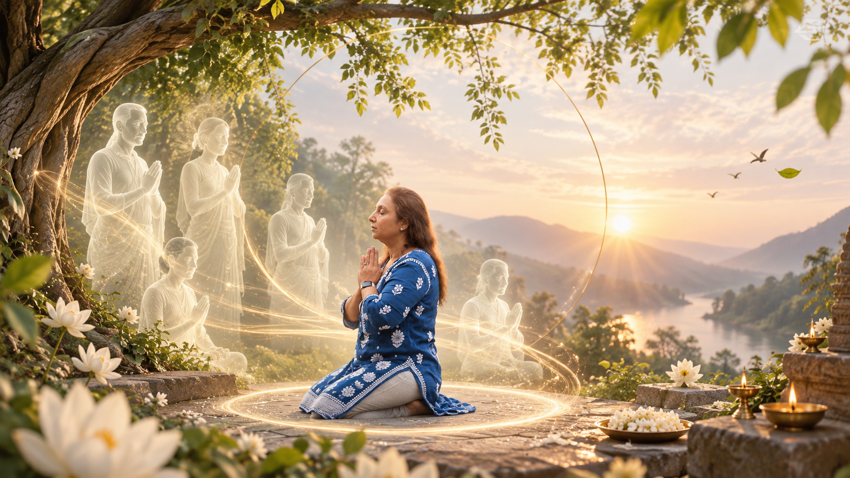 A soul praying among glowing ancestral figures in a forest, symbolising ancestral karma clearing